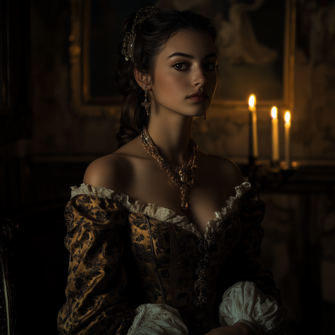 Elegant Woman in Candlelit Baroque Gown