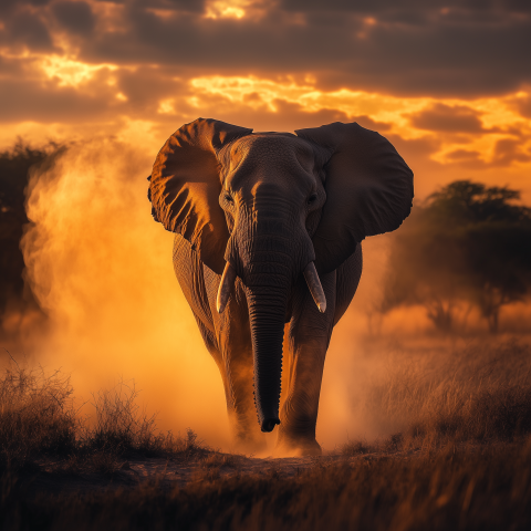 Elephant Walking Through Dust at Sunset