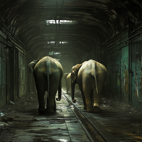 Elephants Walk Through Abandoned Tunnel