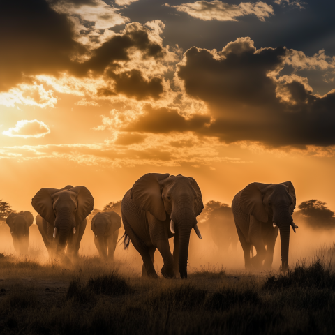 Elephants Walking Through Savannah at Sunset