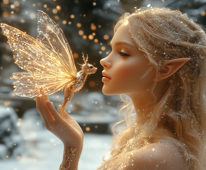 Elf Woman with Glowing Fairy in Winter