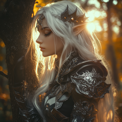 Elven Warrior in Enchanted Forest at Sunset