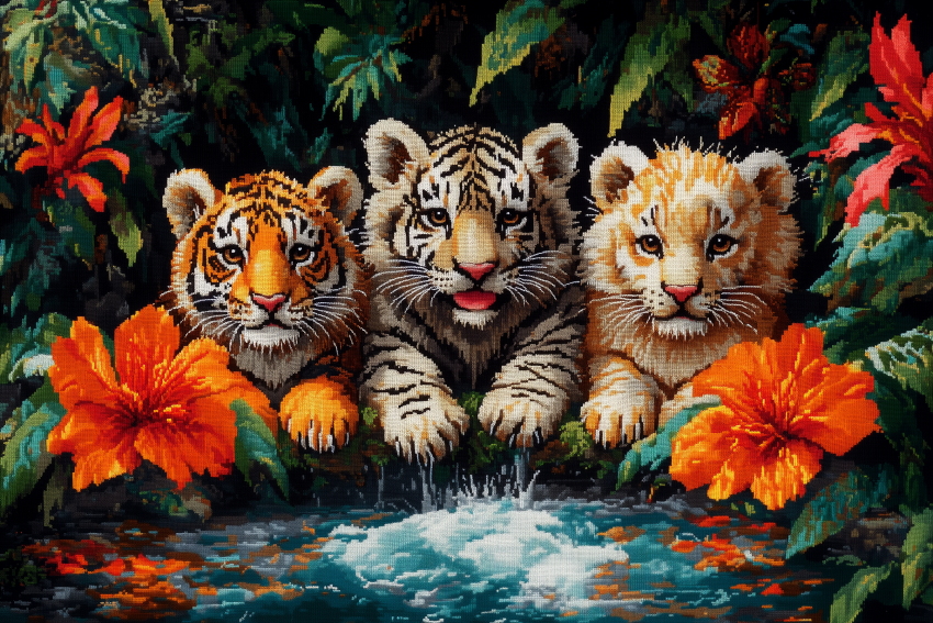 Embroidered Trio of Tiger Cubs in Jungle