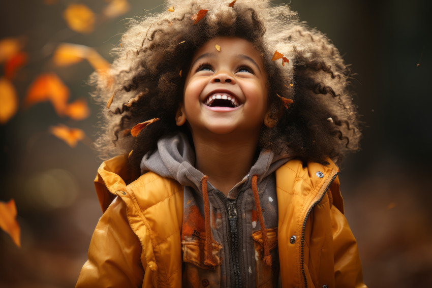 Emotional dynamic gestures African American child in autumn