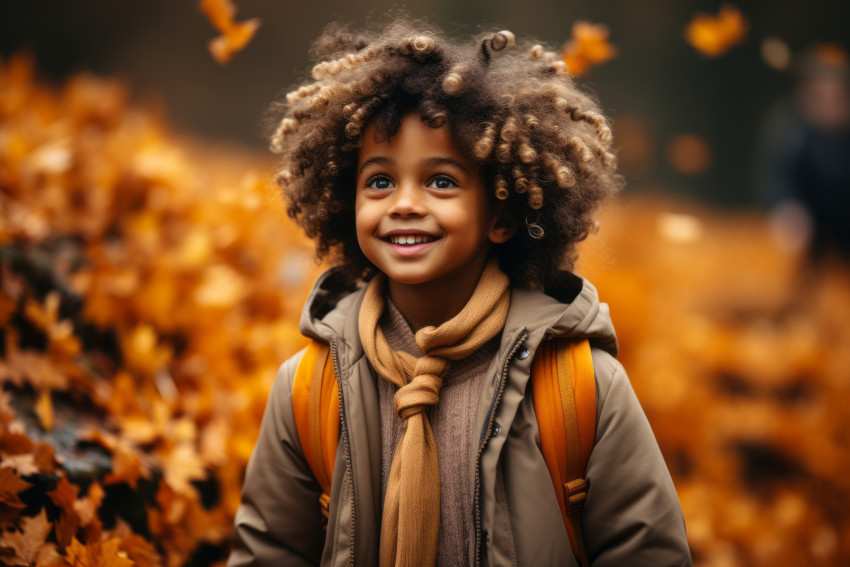 Emotional dynamic gestures African American child in autumn