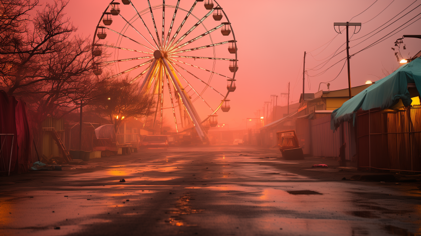 Empty Fairground at Dusk with Ferris Wheel