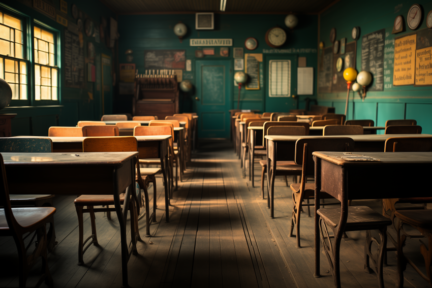 Empty Classroom with Vintage Wooden Desks