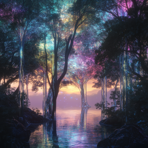 Enchanted Forest of Iridescent Trees Over Water