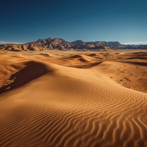 Endless Desert Landscape with Dunes and Distant Mountains