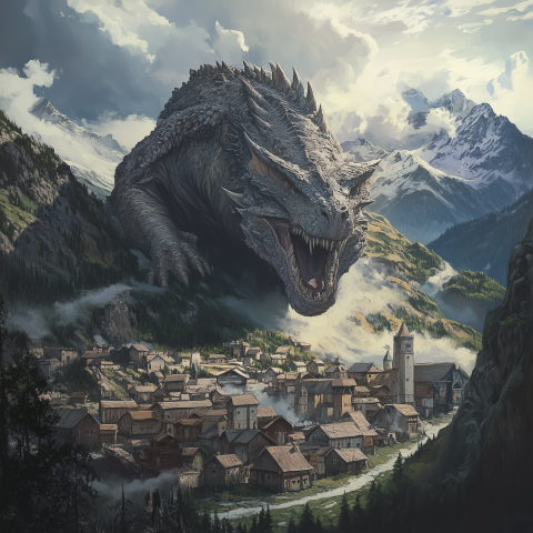 Enormous Dragon Looms Over Mountain Village