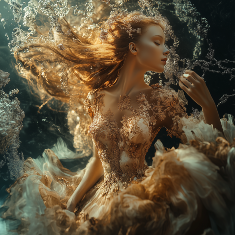 Ethereal Woman Floating Underwater in Gown