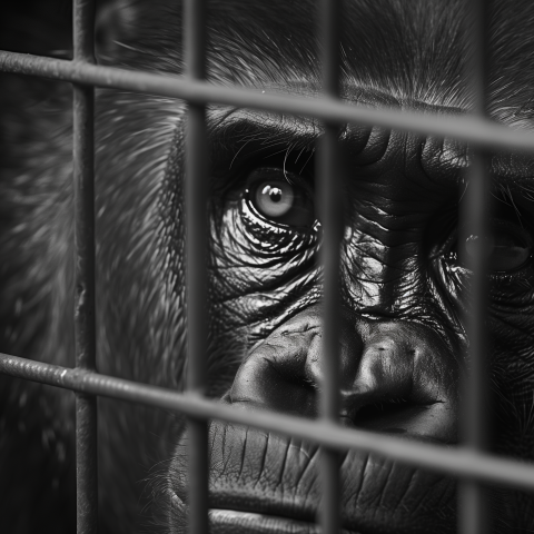 Sad gorilla in a cage