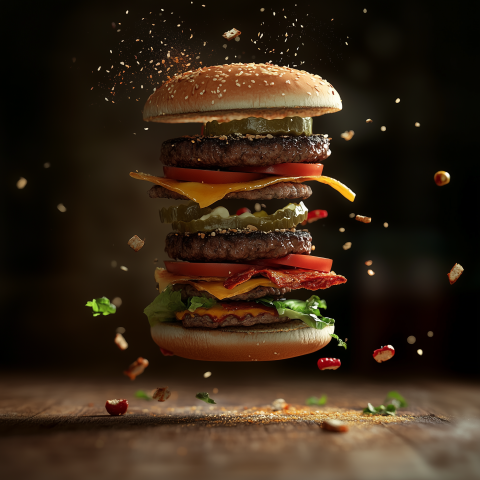 Exploding Multi-Layered Gourmet Burger