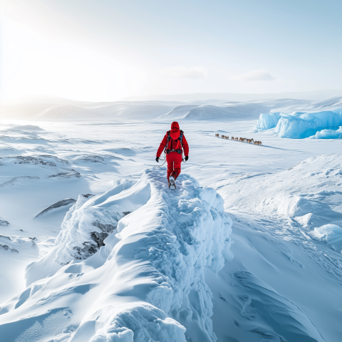 Explorer Hiking Through Arctic Landscape