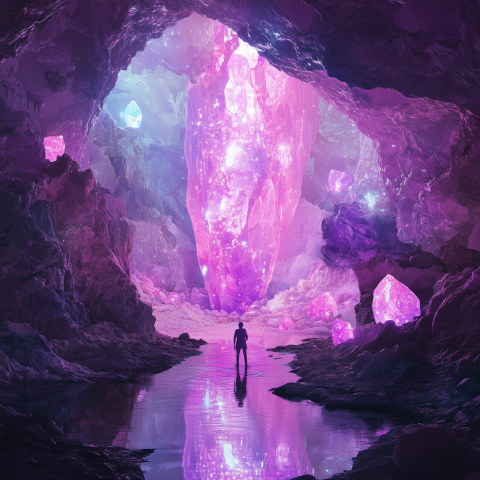 Explorer in Glowing Crystal Cave
