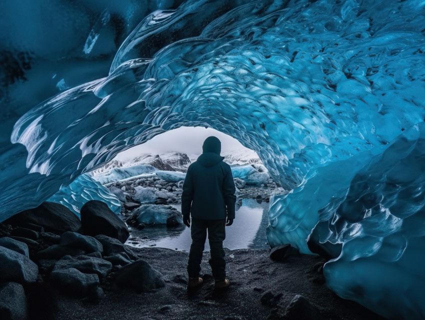 Explorer inside an ice cave