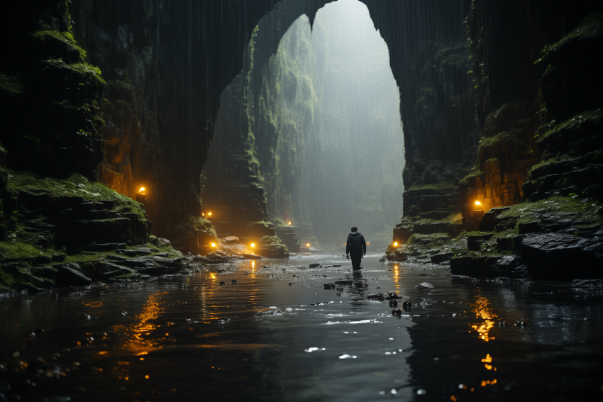 Explorer Walking Through Illuminated Cave