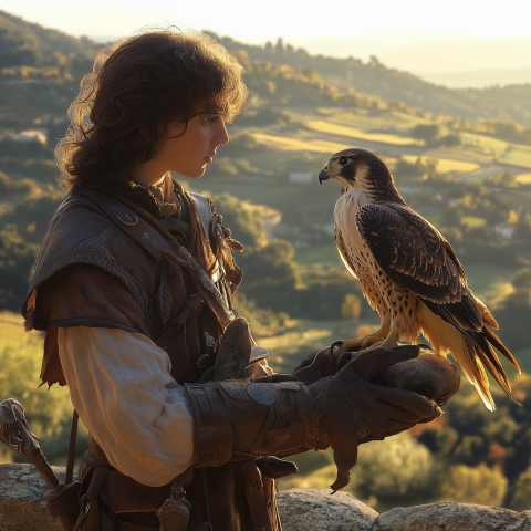 Falconer with Hawk at Golden Sunset