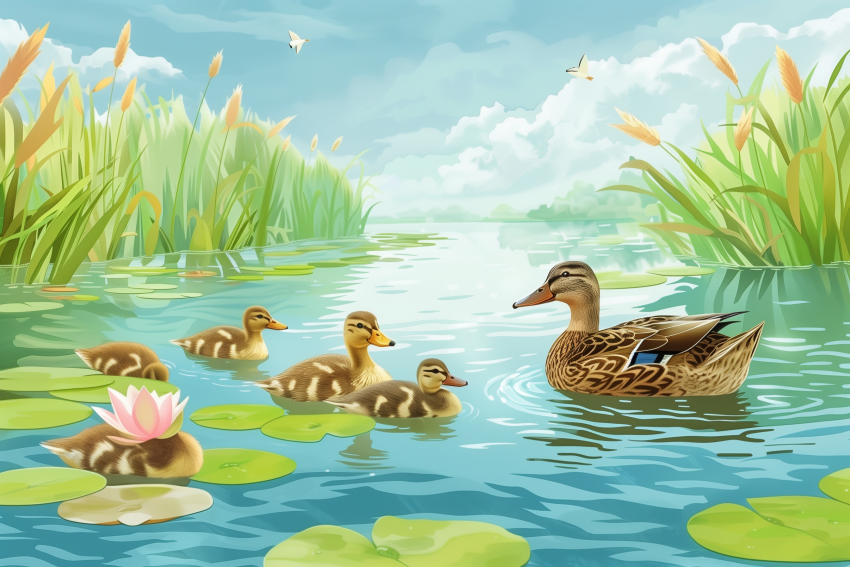 Family of Ducks by the Pond