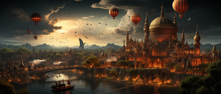 Fantasy City with Airships at Sunset