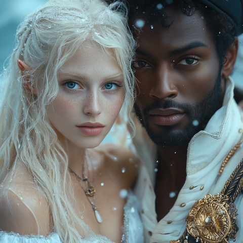 Fantasy Couple with Ethereal Snowfall