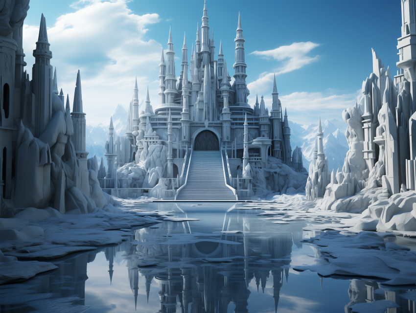 Fantasy Ice Castle Amid Frozen Mountains