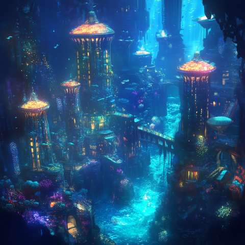 Fantasy Underwater City with Glowing Towers