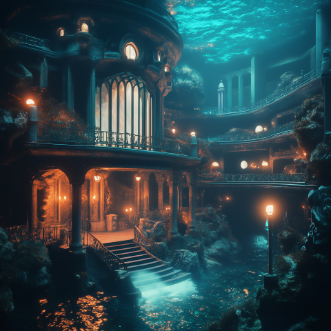 Fantasy Underwater Palace with Glowing Lights