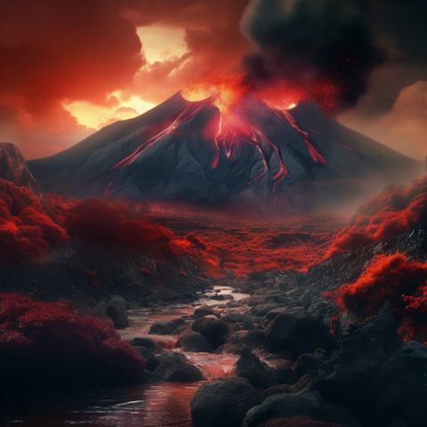 Erupting Volcano with Fiery Landscape