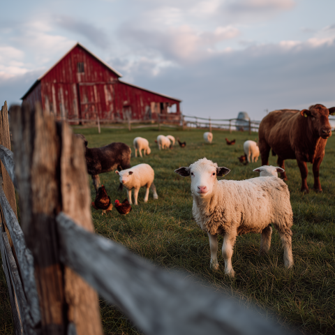Farm Animals Grazing Near Red Barn