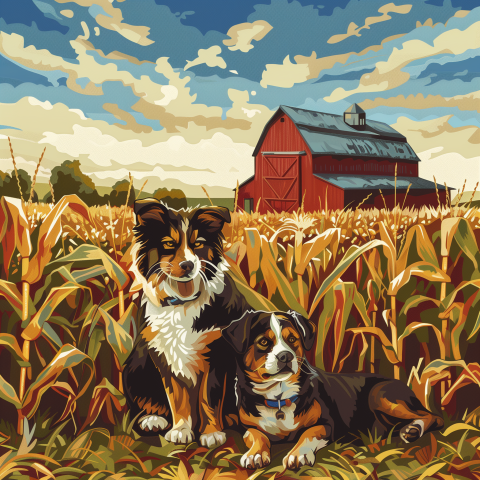 Farm Dogs by the Barn