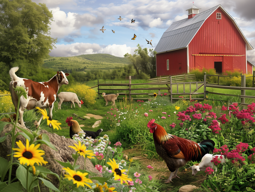 Farmyard Chickens Goats Cow