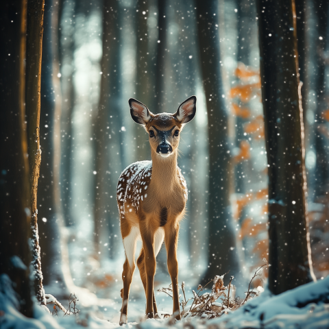 Fawn Standing in a Snowy Forest
