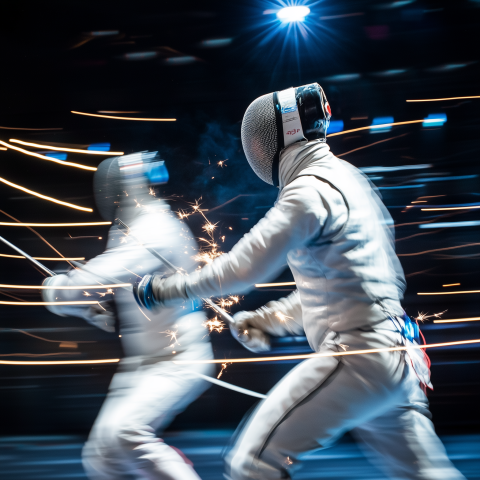 Fencers Battling in Fast-Paced Match