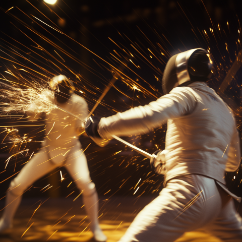 Fencers in Intense Spark-Filled Duel