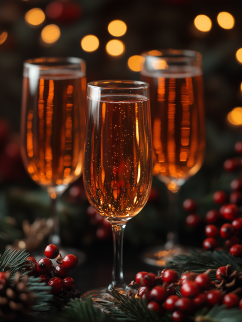Festive Champagne Flutes with Holiday Decor