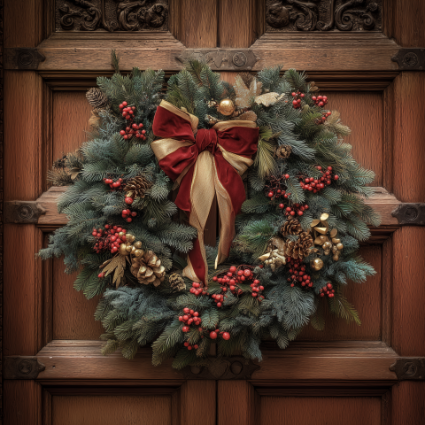 Festive Christmas Wreath on Wooden Door