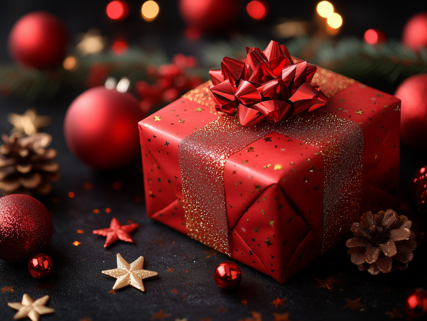 Festive Red Gift Box with Decorations