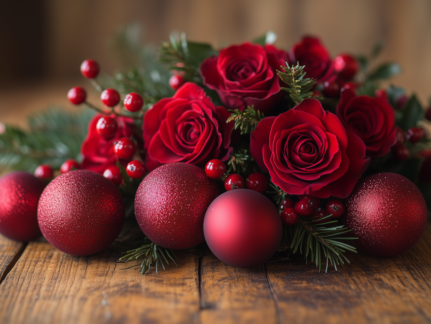 Festive Red Roses with Christmas Ornaments