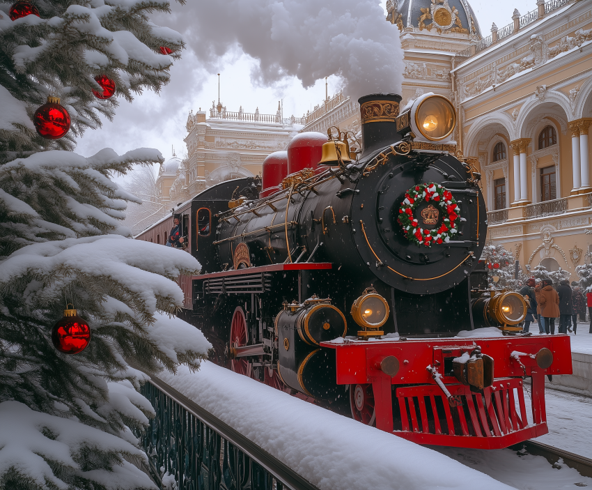 Festive Steam Train in Snowy Christmas Setting