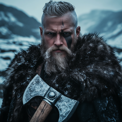 Fierce Viking Warrior in Snowy Mountains