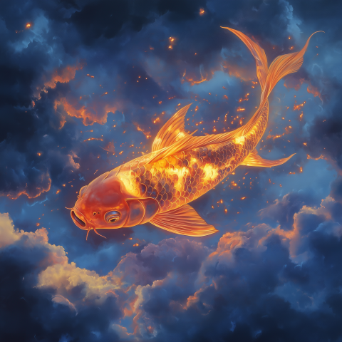 Fiery Koi Fish Soars Through Clouds