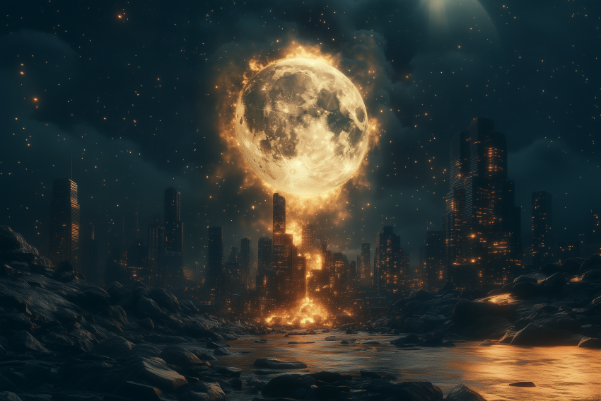 Fiery Moon Over Dystopian Cityscape