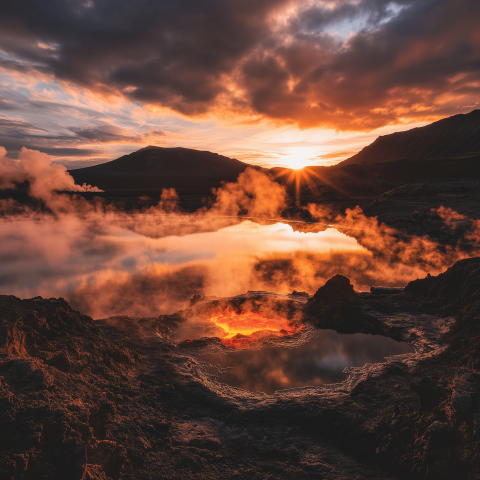 Fiery Volcanic Springs at Sunset