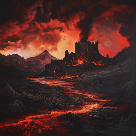 Fiery Volcano Fortress with Lava River