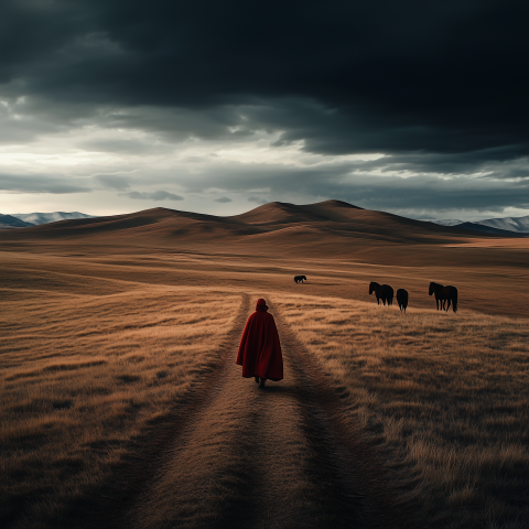 Figure in Red Cloak Walking Across Steppe