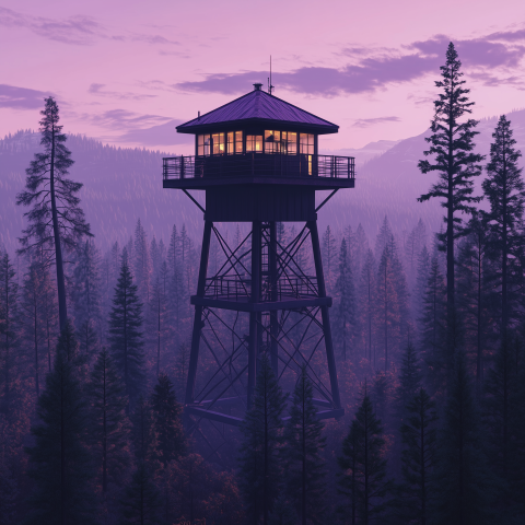 Fire Lookout Tower at Dusk in Forest