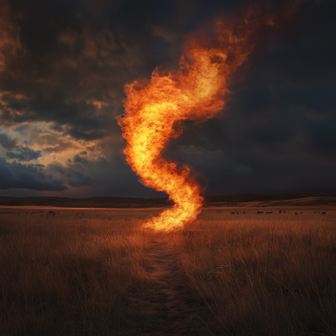 Fire Tornado Spiraling Through Field at Dusk