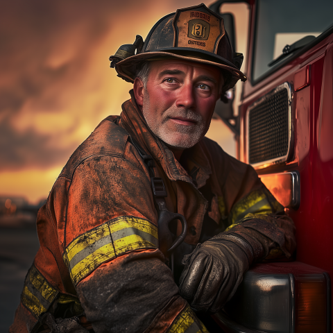 Firefighter Leaning on Fire Truck at Sunset
