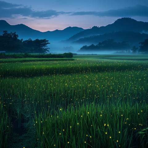 Fireflies Over Misty Mountain Rice Fields